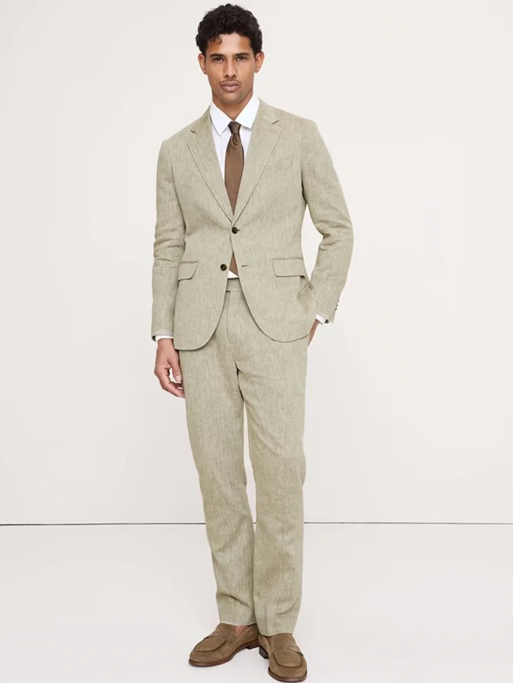 TAILORED SLIM-FIT GREEN LINEN-COTTON SUIT PANT